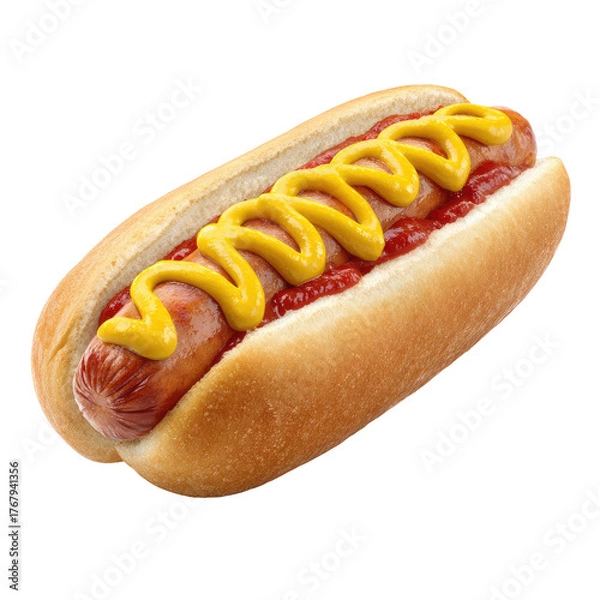 Fototapeta A hotdog in a bun, topped with mustard and ketchup on a black background