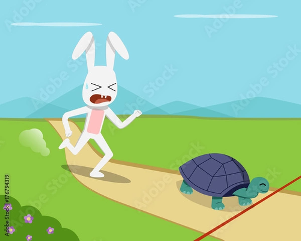 Fototapeta Rabbit and tortoise go to finish line, vector