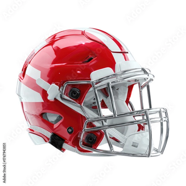 Fototapeta Red football helmet with white stripes and silver mask on black. Sharp focus
