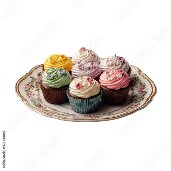 Fototapeta Seven cupcakes with colored frosting & small pink flowers on a floral plate against a black background