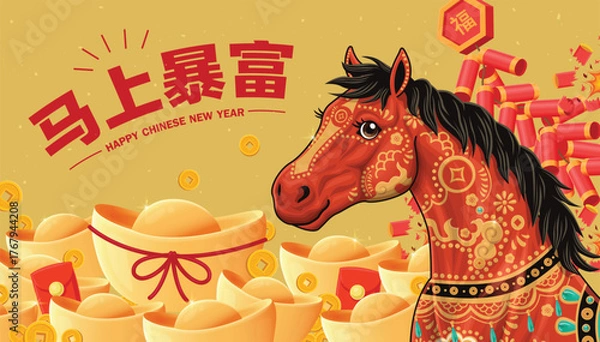 Fototapeta Vintage Chinese new year poster design with fish character. Chinese wording means Get rich immediately, Prosperity.