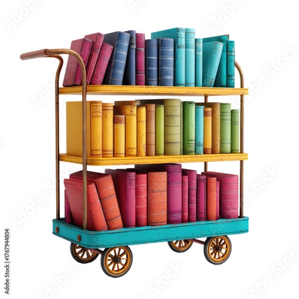 Fototapeta A three-tiered metal cart filled with color-coordinated books stands against a black background