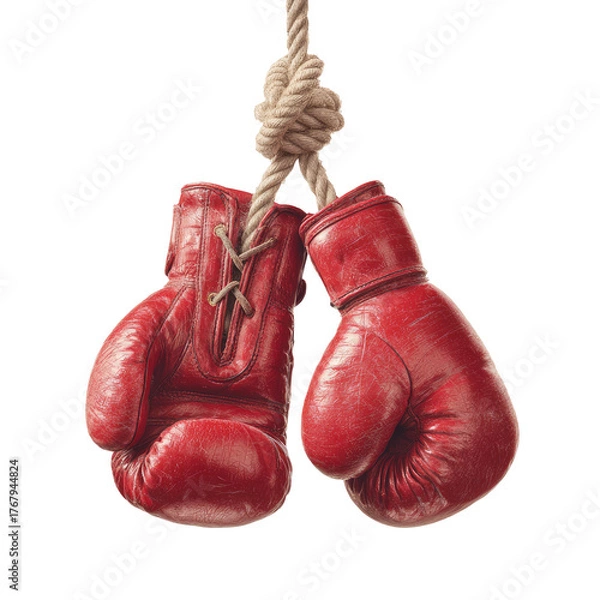 Fototapeta Red boxing gloves hang from a thick, knotted rope against a dark background. Dramatic and slightly worn appearance