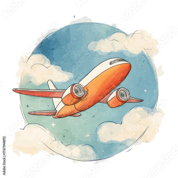 Fototapeta Airplane soars through watercolor clouds in a stylized illustration with a warm color palette and textured effect