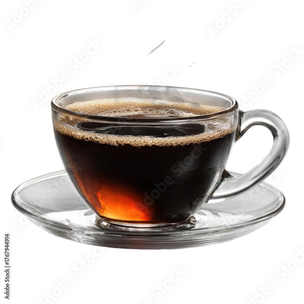 Fototapeta Steaming dark coffee in a clear glass cup and saucer against a black background with wisps of vapor