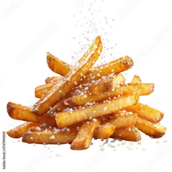 Fototapeta A pile of golden french fries with specks of salt against a dark background