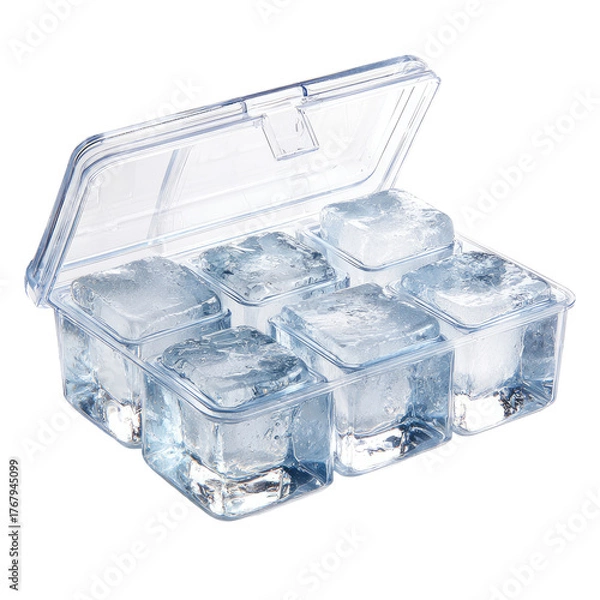Fototapeta Clear ice cube tray with six large, square ice cubes, lid open, on a neutral background