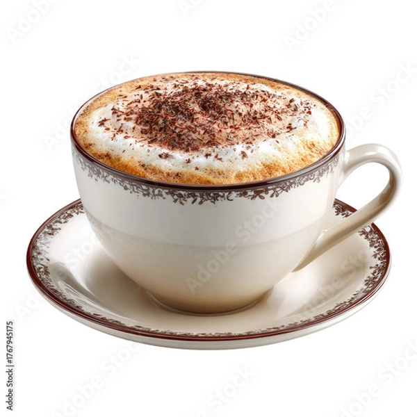 Fototapeta Frothy cappuccino with chocolate sprinkles in a decorative cup on a matching saucer, isolated on a black background