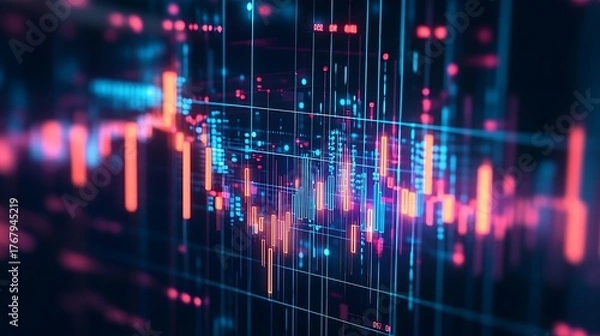 Fototapeta Abstract digital data visualization with glowing neon lines and bars representing financial market trends and stock charts in a futuristic technological concept