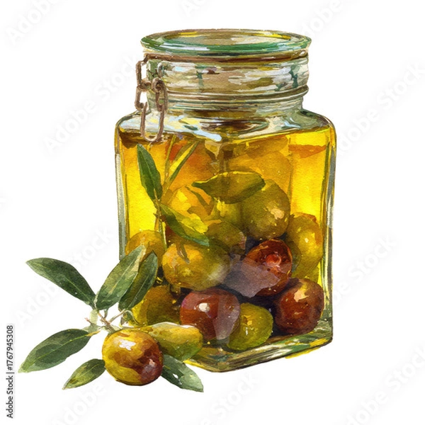 Fototapeta Jar with olives, green branch, and liquid inside. Watercolor style, with soft, diffused lighting