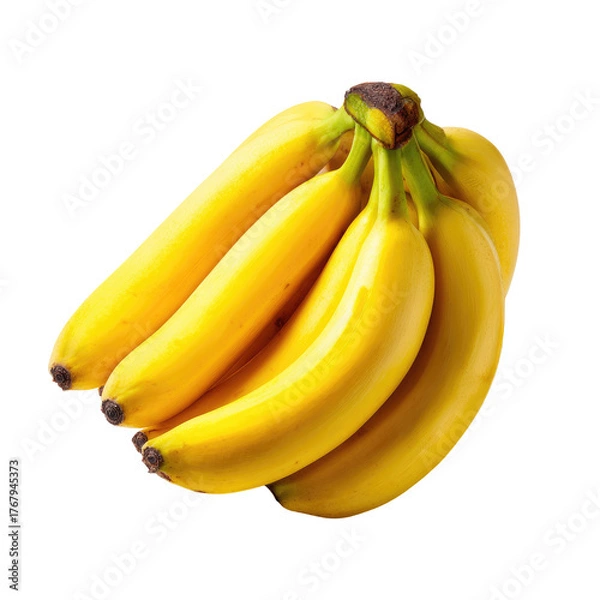 Fototapeta Bright yellow bananas clustered together with green stems, set against a dark, contrasting backdrop