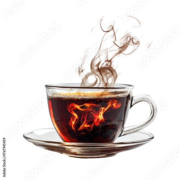 Fototapeta Steaming black liquid in a glass cup with a saucer, against a dark background with rising, swirly vapor