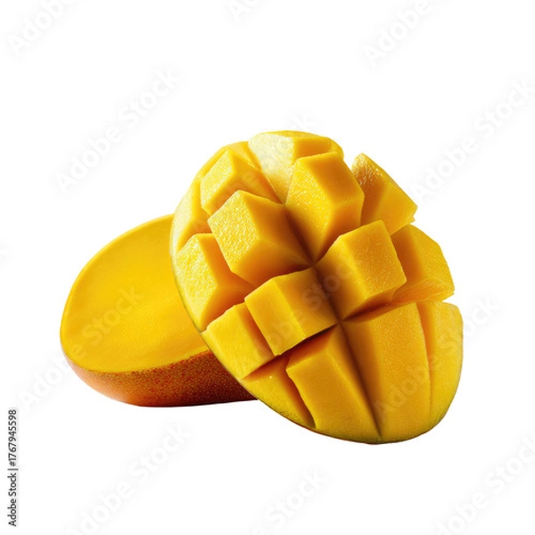 Fototapeta Juicy mango, one half cut into cube-like chunks, the other a smooth half, against a stark, dark background