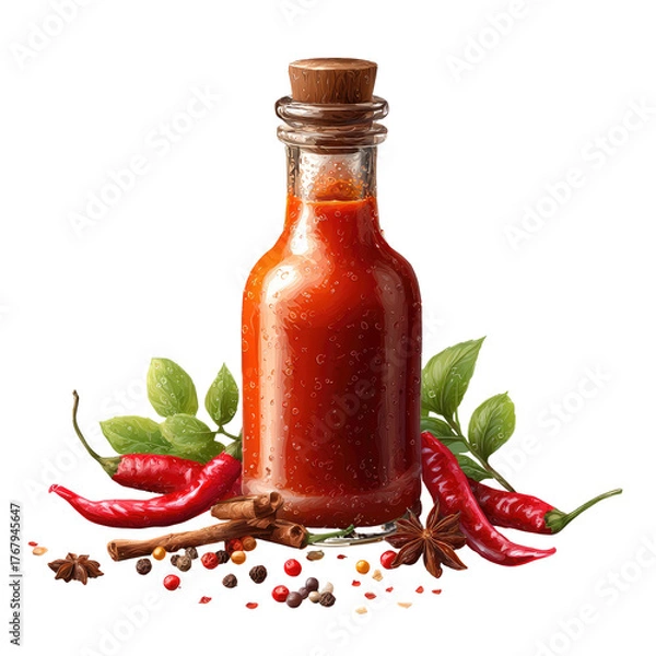 Fototapeta Red sauce filled bottle, cork-topped, sitting amongst herbs, chilis, spices, and a transparent background