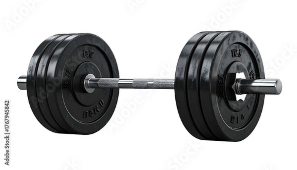 Fototapeta Close-up of a barbell with heavy black plates on a black background, showcasing fitness and strength training