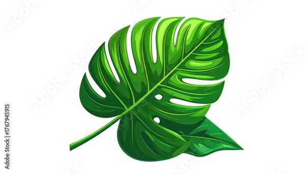 Fototapeta Bright green monstera leaf with glossy texture and distinct venation, contrasted against a black background