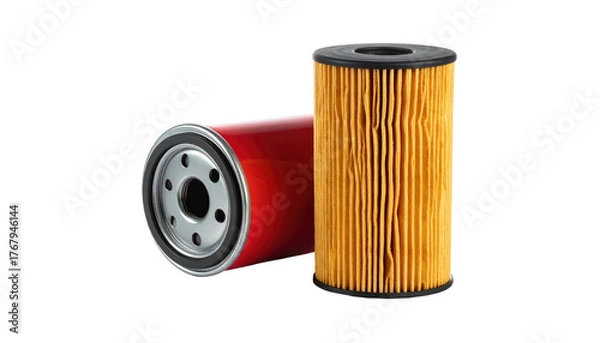 Fototapeta Two oil filters, one red laying down, one tall yellow, on black background, product photography
