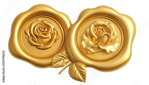 Fototapeta Two golden wax seals with embossed rose motifs joined by leaves. Opulent, detailed, on black background, smooth surface