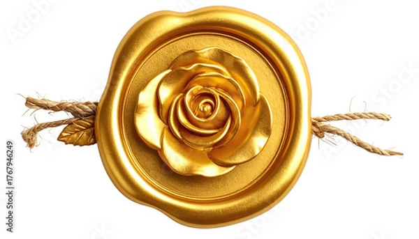 Fototapeta Golden wax seal with a rose in the center, tied with twine, on a black background