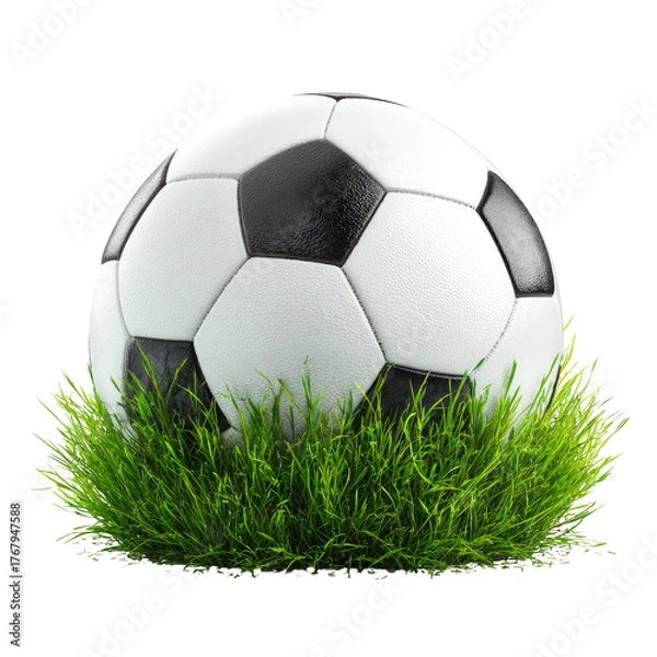 Fototapeta Soccer ball on green grass. Round white ball with black pattern. Dark background. Upward view