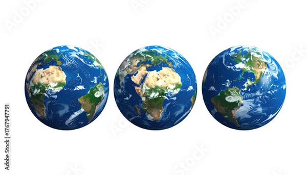 Fototapeta Three Earth globes showcase continents, oceans, clouds; centered against a stark, solid black backdrop