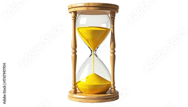 Fototapeta Sand flows smoothly in a bright, wooden hourglass on a black background, symbolizing the passage of time