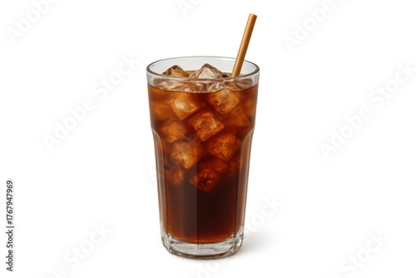 Fototapeta Cold cola drink with ice and straw, transparent background