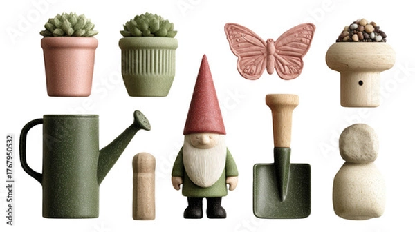 Fototapeta Playful Garden Decor Elements in Soft Colors with Isolated Backgrounds