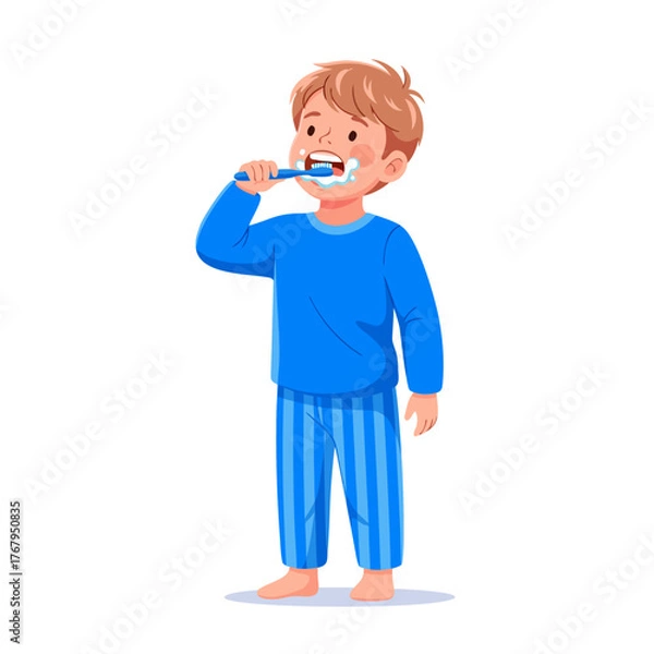 Fototapeta Boy Brushing Teeth Flat Vector Illustration