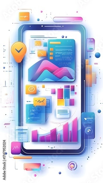 Fototapeta Digital tablet displaying colorful charts graphs and data analytics with futuristic interface and glowing elements representing technology and business growth