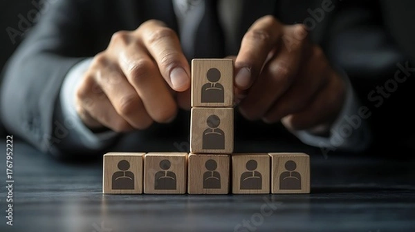 Fototapeta Business professional carefully stacking wooden blocks with human silhouette icons symbolizing team building recruitment and career advancement in a corporate setting