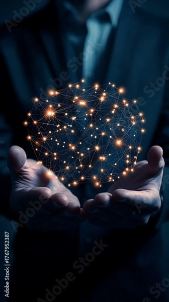 Fototapeta A person in a suit holds a glowing interconnected network of lights in their hands symbolizing technology innovation and the future of digital connections