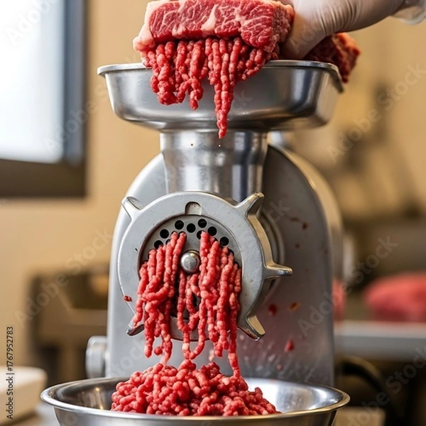 Fototapeta Ground beef production - A close-up of meat being processed.