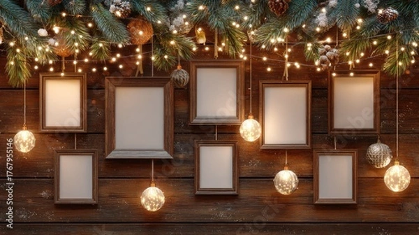 Obraz Rustic Christmas Decor with Empty Frames and Hanging Ornaments