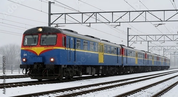Fototapeta Winter Train Journey - A Blue Train Navigating Snowy Tracks.