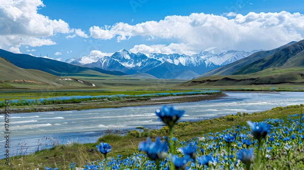 Obraz Mountain river with blue flowers