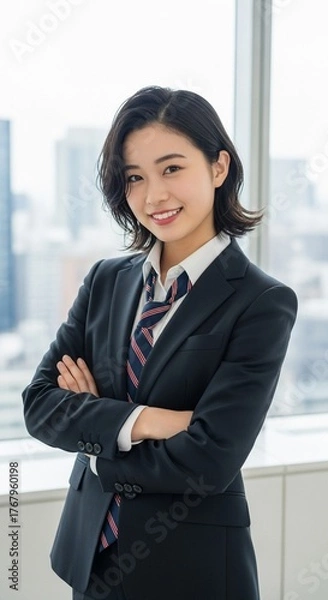 Fototapeta スタイリッシュな女性のスーツ姿：スーツとネクタイをおしゃれに着こなした日本人女性モデル
