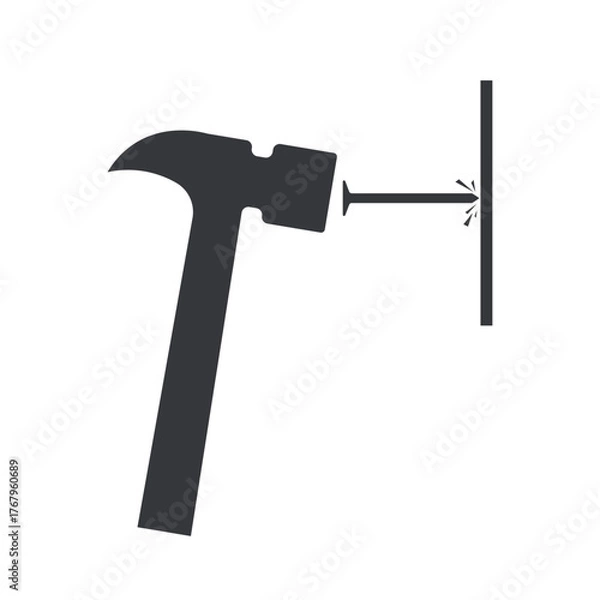 Fototapeta Isolated pictogram of a hammer hitting a nail into a wall, symbol for safety warning and no nailing area.