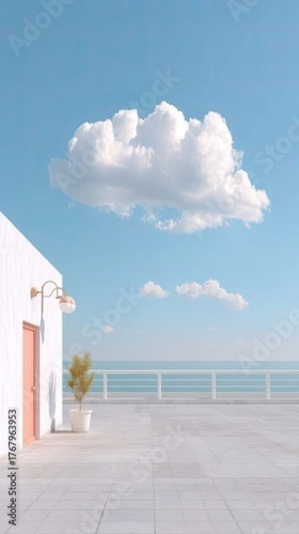 Fototapeta Minimalist Architectural Photography of an Empty Terrace with White Building and Coral Door Overlooking the Ocean Under a Clear Blue Sky with Fluffy Clouds