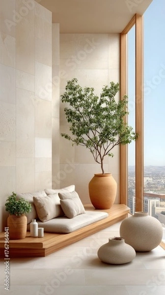 Fototapeta Minimalist Interior Decor Photo Of Modern Living Space With Neutral Tones And Natural Light Flooding Through Large Window And A Potted Tree And Cushions On A Built In Bench And Decorative Vases