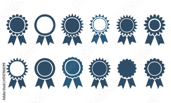 Obraz Collection of Achievement and Guarantee Badges, Set of Blue Award Ribbons and Rosettes Icons, Vector Design Elements for Certification and Quality, Twelve Blue Seal and Ribbon Variations, vector.