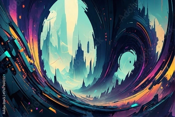 Obraz Creative abstract design with messy and rough edges. Blue and orange coloring. Futuristic anti utopic background