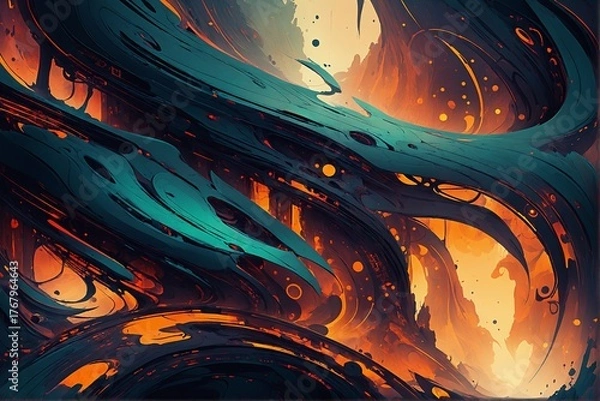 Fototapeta Creative abstract design with messy and rough edges. Blue and orange coloring. Futuristic anti utopic background