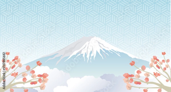 Obraz 富士山, 山, お正月, 晴天, 快晴, 年賀状, 和風, 和柄, 美しい, 世界遺産, 登山, 風景, 景色, 手書き, ベクター, アート, グラフィック, 雪、地紋、柄、模様、空、自然、梅、花、シンプル、美しい、