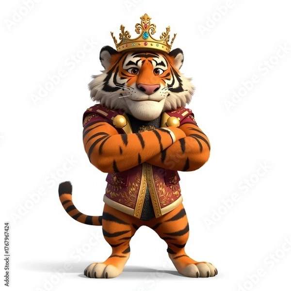 Obraz Cartoon Tiger King with Golden Crown and Embroidered Jacket on White Background