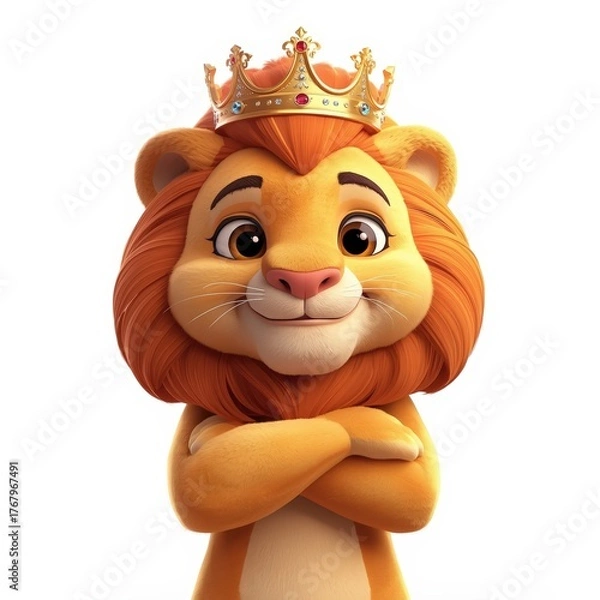 Obraz Cartoon Lion King with Golden Crown and Arms Crossed on White Background