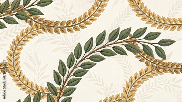 Fototapeta European Western Victorian Damask with Interlocking Gold Laurel Rings and Green Branches on Ivory, Seamless Neoclassical Botanical Pattern for Luxury Wallpaper, Textile, Fabric and Packaging