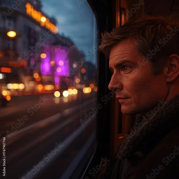 Obraz Pensive man gazes through train window at blurred city lights at dusk