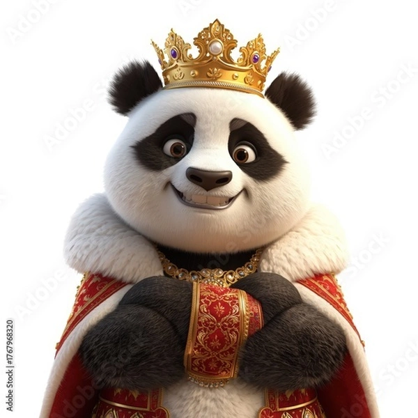Obraz Royal Panda A regal bear with golden crown and ornate red robe on white background
