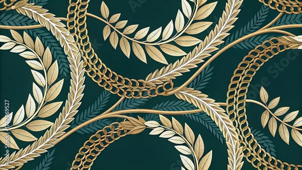 Fototapeta European and Western Victorian Damask Pattern with Luxury Gold Laurel Wreaths and Chains on Emerald Green, Seamless Baroque Floral Background for Wallpaper, Textile, Packaging, Decorative Design